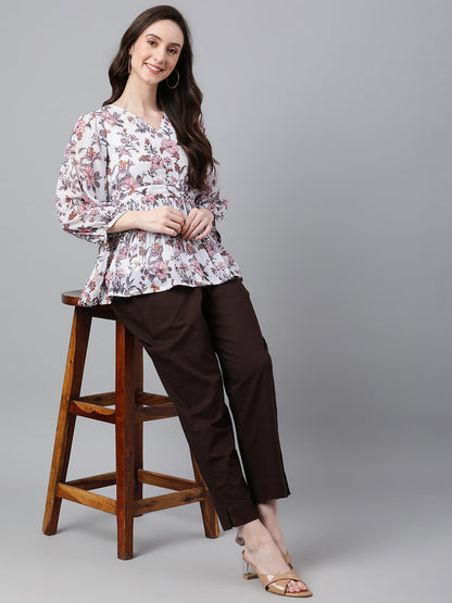 Women's Floral Print White Georgette Tops
