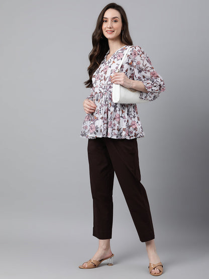 Women's Floral Print White Georgette Tops