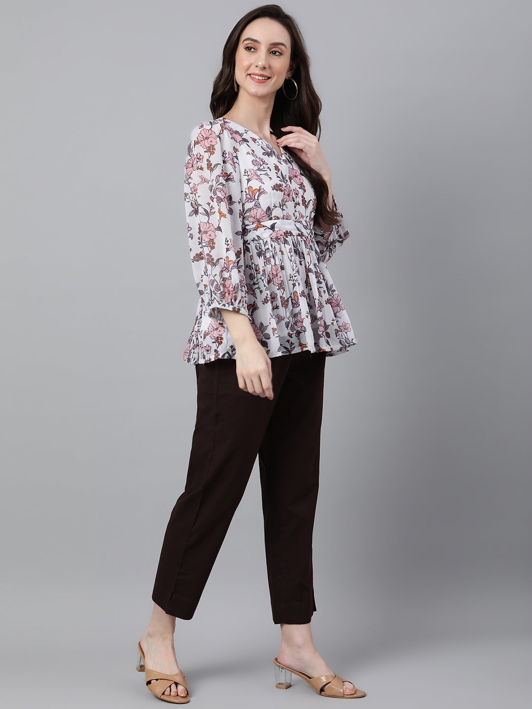 Women's Floral Print White Georgette Tops