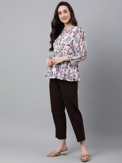 Women's Floral Print White Georgette Tops