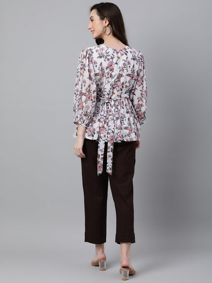 Women's Floral Print White Georgette Tops