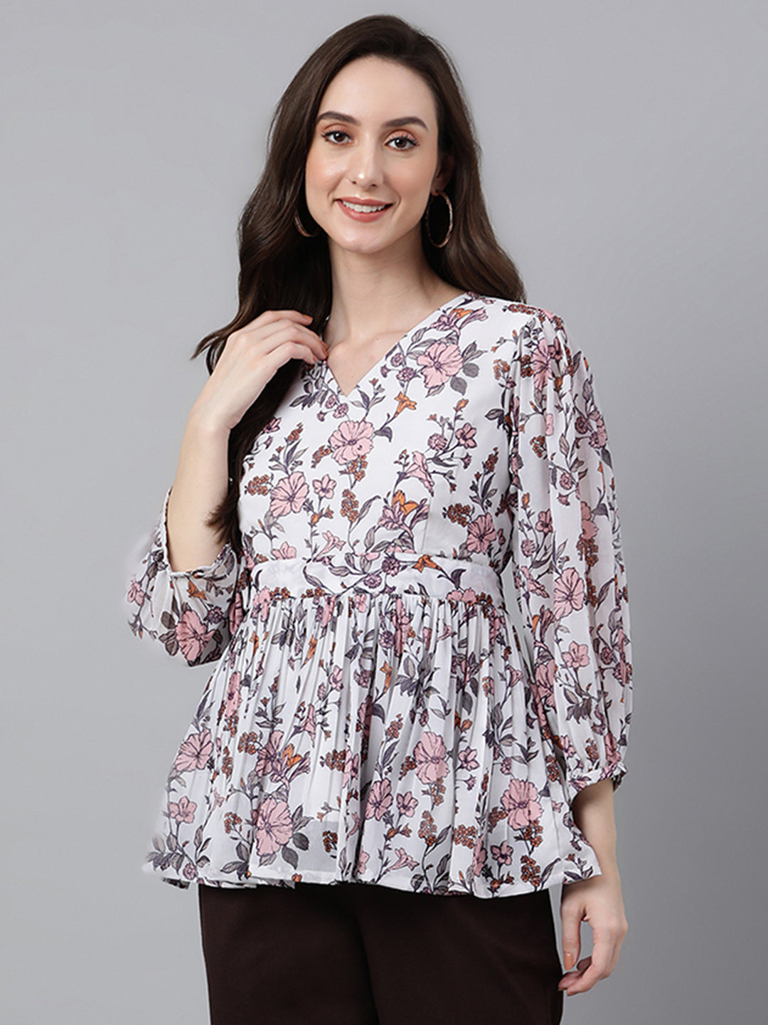 Women's Floral Print White Georgette Tops