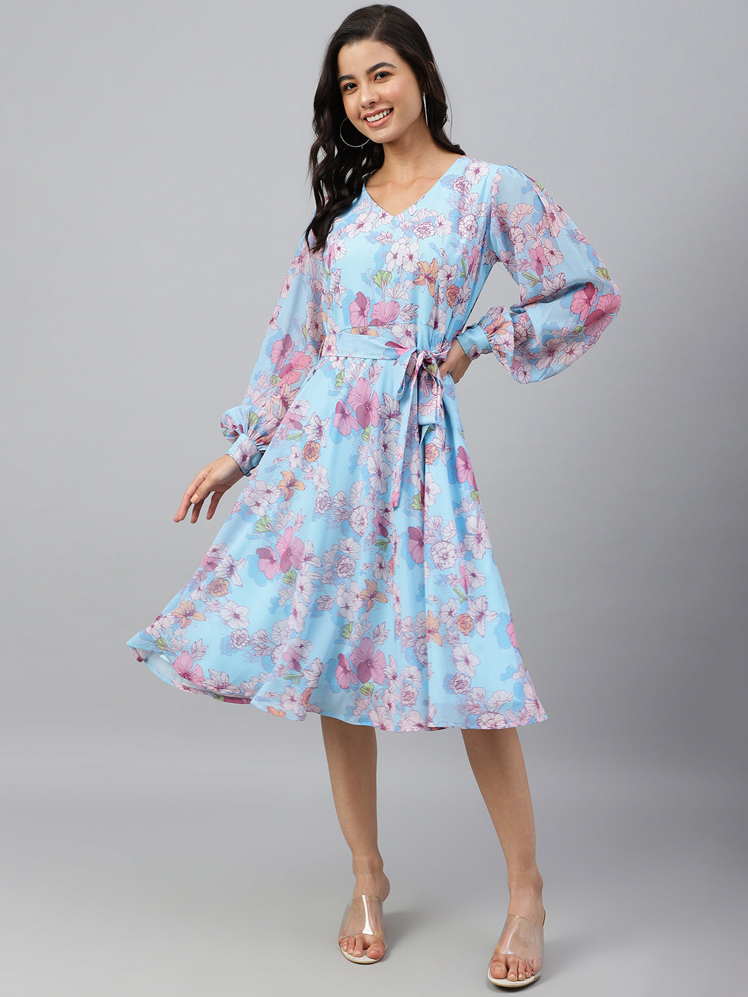 Women's Floral Printed Sky Blue Georgette Dress