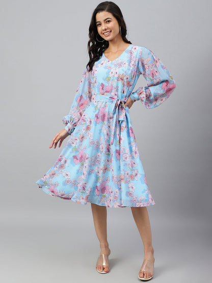 Women's Floral Printed Sky Blue Georgette Dress