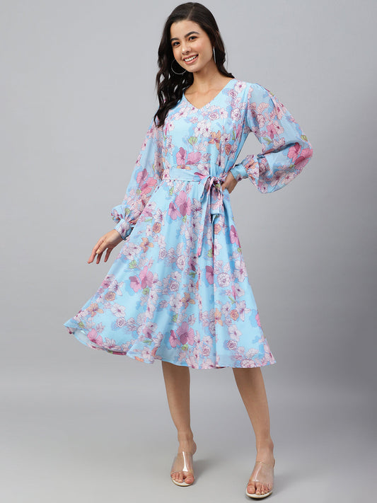 Women's Floral Printed Sky Blue Georgette Dress