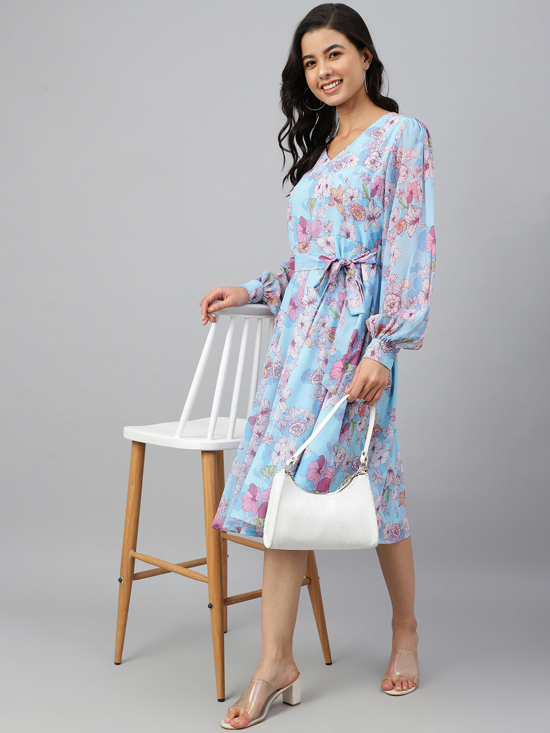 Women's Floral Printed Sky Blue Georgette Dress