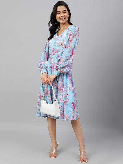 Women's Floral Printed Sky Blue Georgette Dress