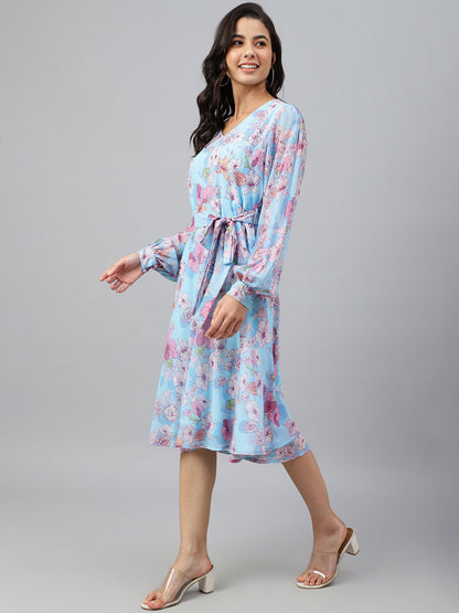 Women's Floral Printed Sky Blue Georgette Dress