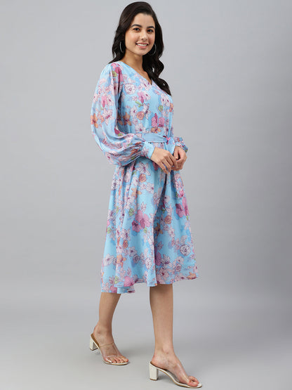 Women's Floral Printed Sky Blue Georgette Dress