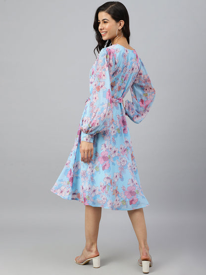 Women's Floral Printed Sky Blue Georgette Dress