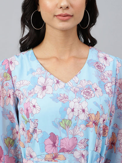 Women's Floral Printed Sky Blue Georgette Dress