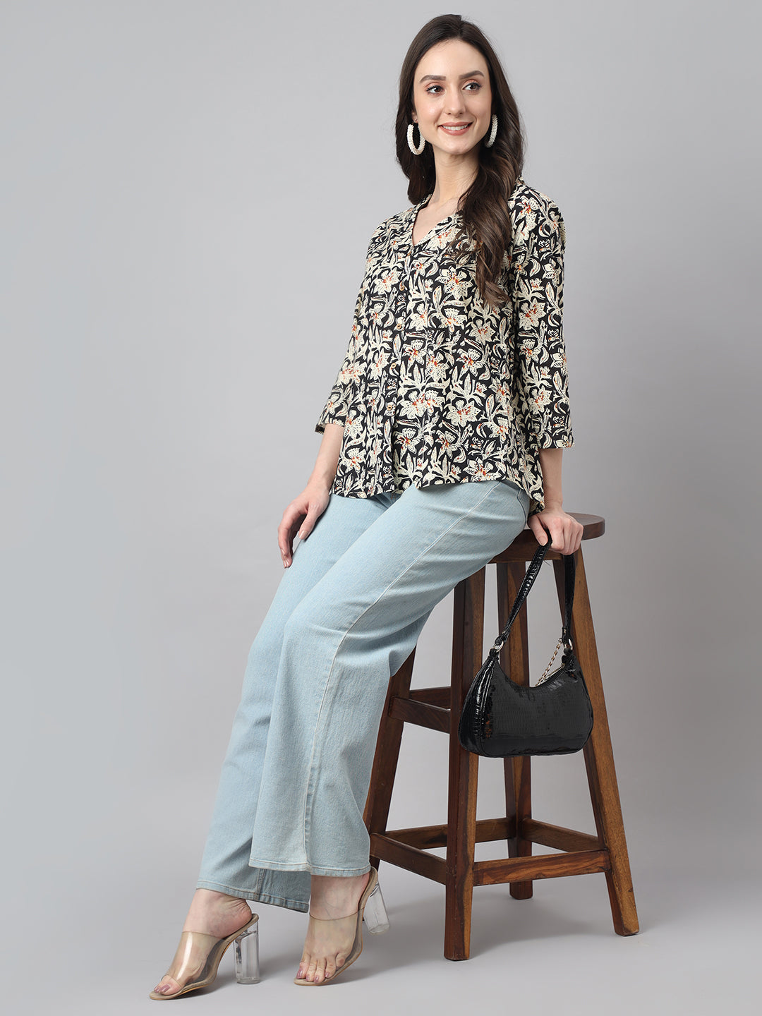 Women's Floral Print Black Cotton Tops