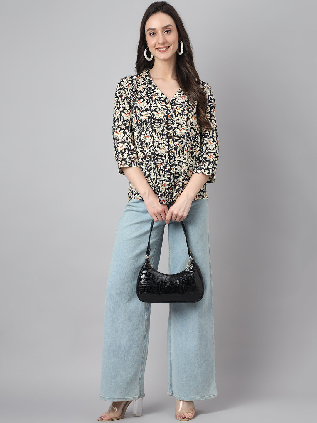 Women's Floral Print Black Cotton Tops