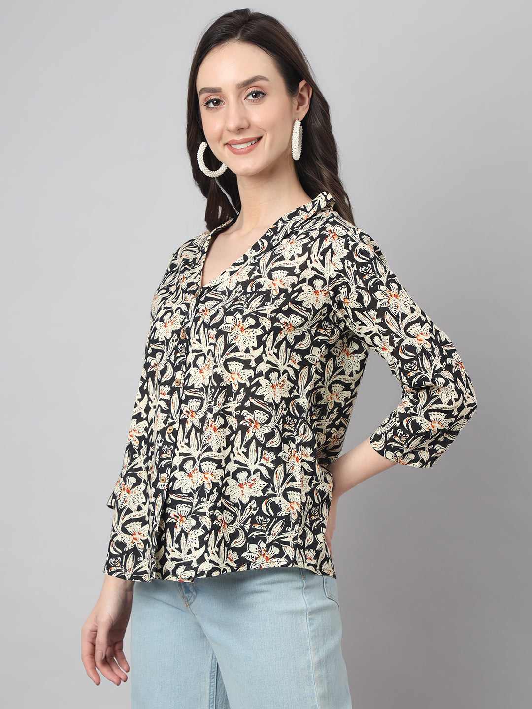 Women's Floral Print Black Cotton Tops
