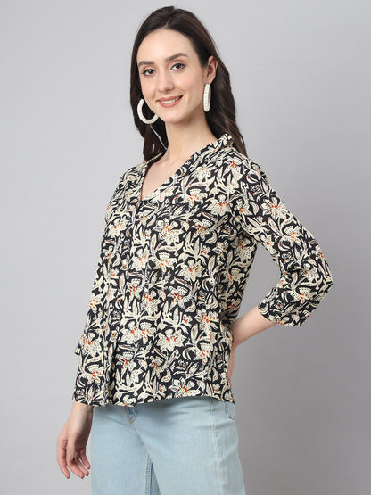 Women's Floral Print Black Cotton Tops