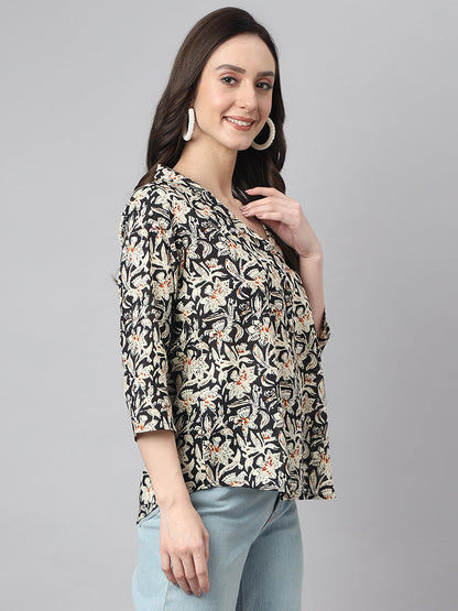 Women's Floral Print Black Cotton Tops