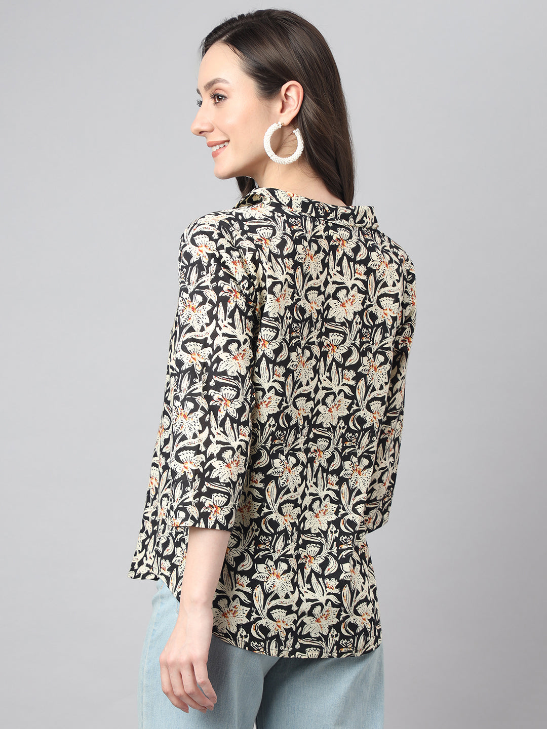 Women's Floral Print Black Cotton Tops