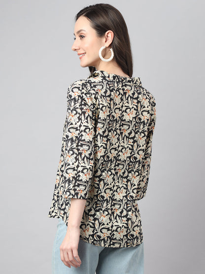 Women's Floral Print Black Cotton Tops