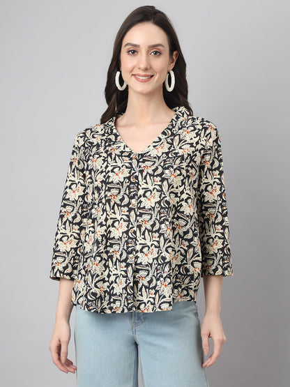 Women's Floral Print Black Cotton Tops