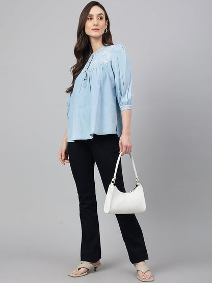 Women's Embroidered Light Blue Denim Tops