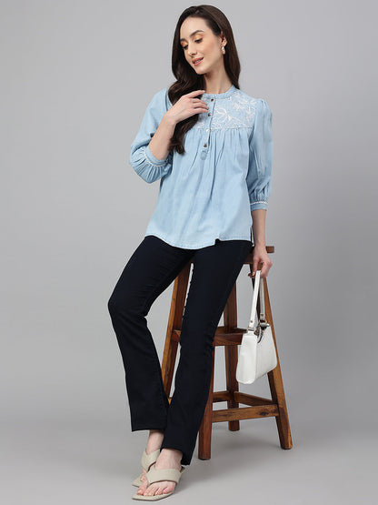 Women's Embroidered Light Blue Denim Tops