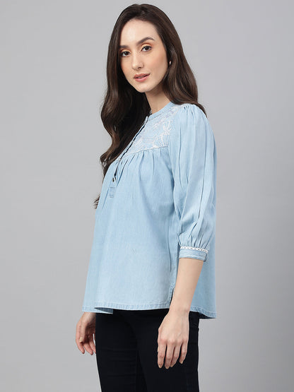 Women's Embroidered Light Blue Denim Tops