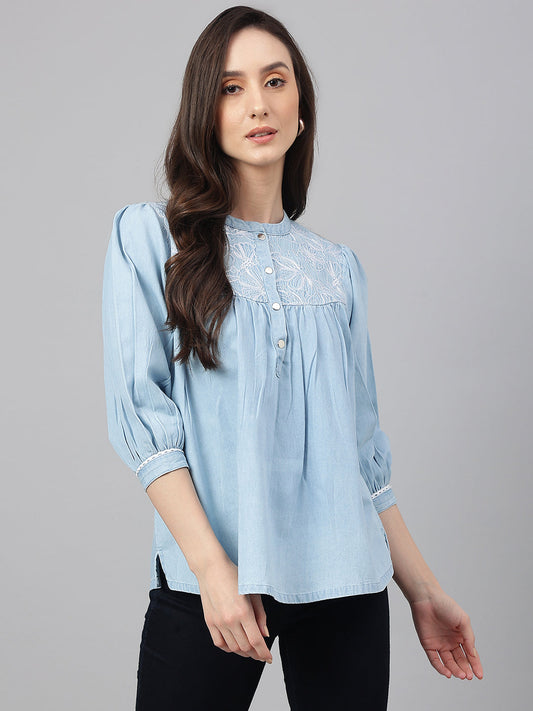 Women's Embroidered Light Blue Denim Tops