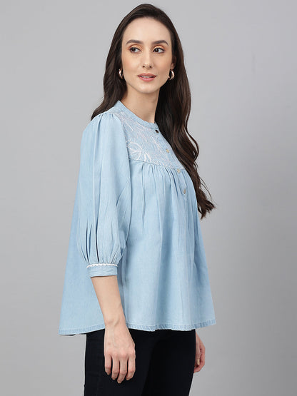 Women's Embroidered Light Blue Denim Tops