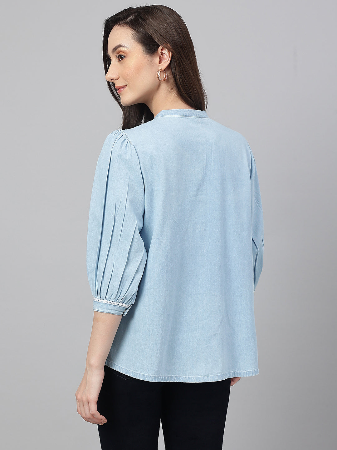 Women's Embroidered Light Blue Denim Tops