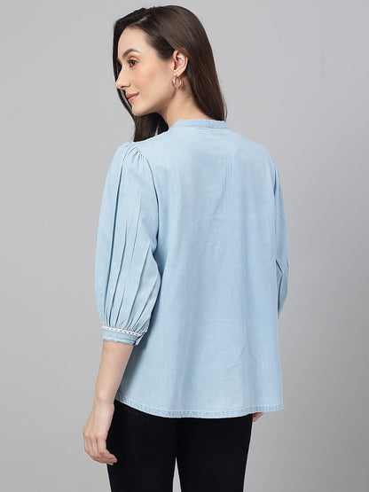 Women's Embroidered Light Blue Denim Tops