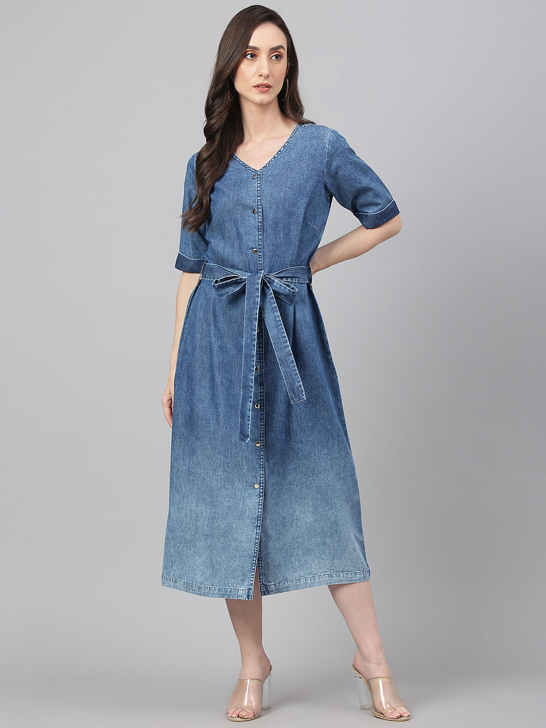 Women's Solid Blue Denim Dress