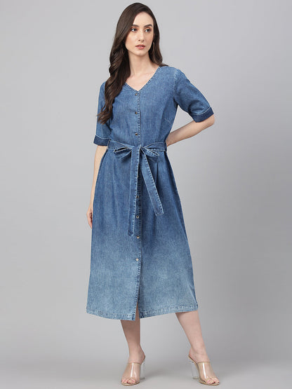 Women's Solid Blue Denim Dress