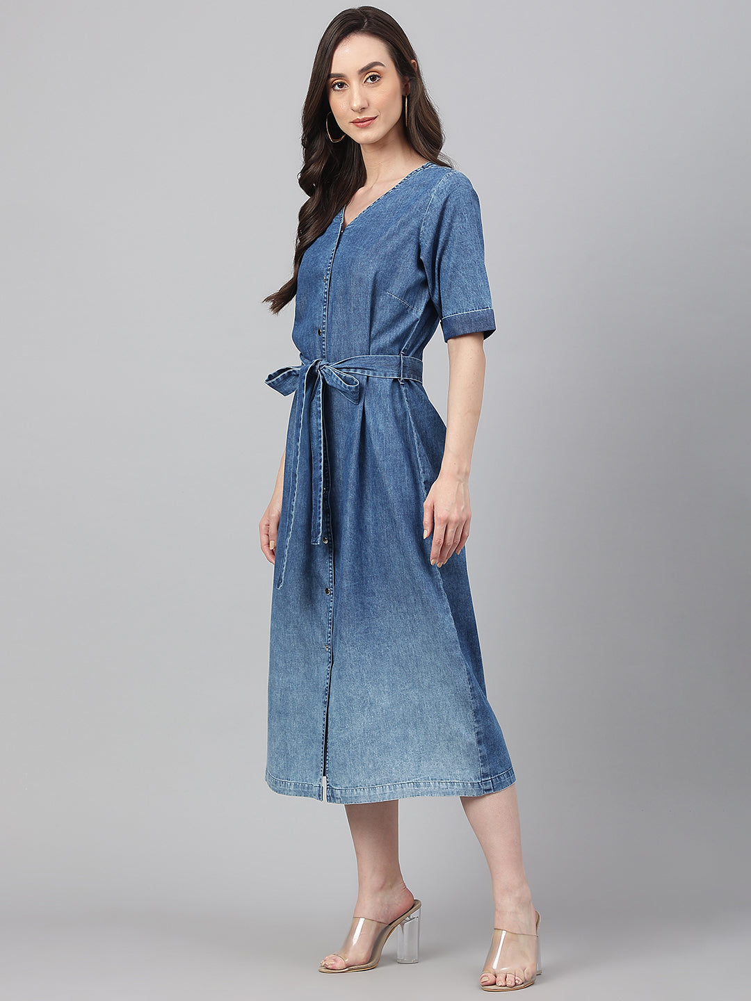 Women's Solid Blue Denim Dress