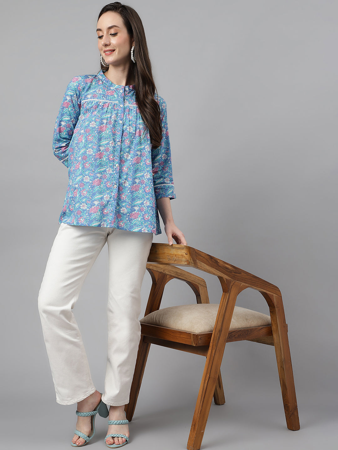 Women's Botanical Print Blue Cotton Tops