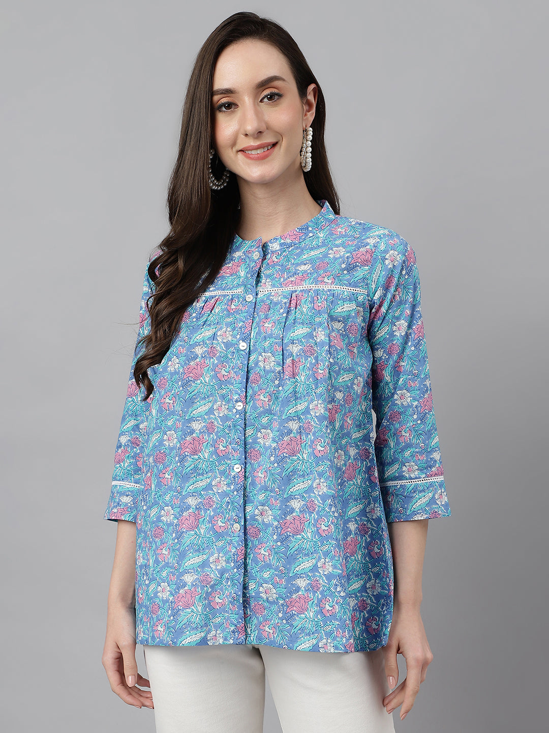Women's Botanical Print Blue Cotton Tops
