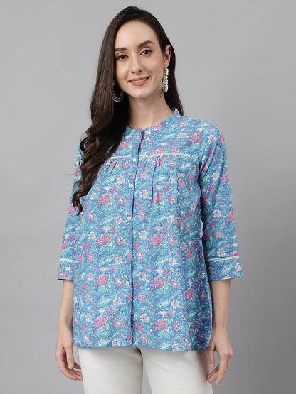 Women's Botanical Print Blue Cotton Tops