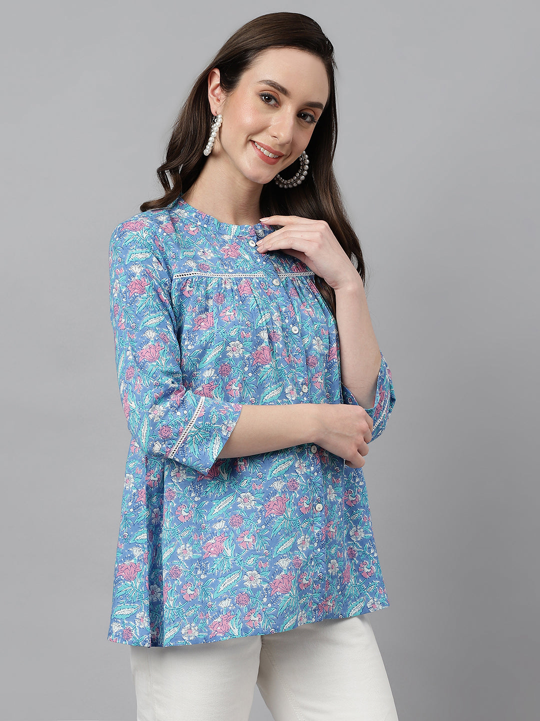 Women's Botanical Print Blue Cotton Tops