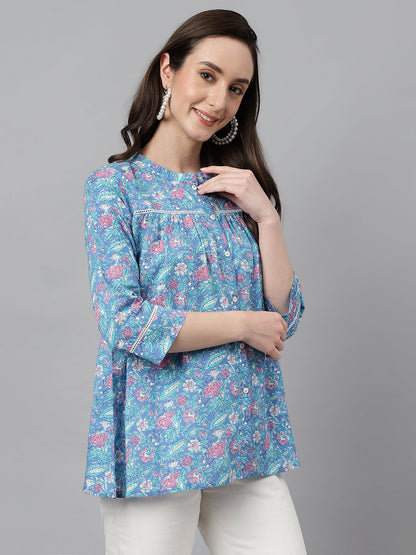 Women's Botanical Print Blue Cotton Tops