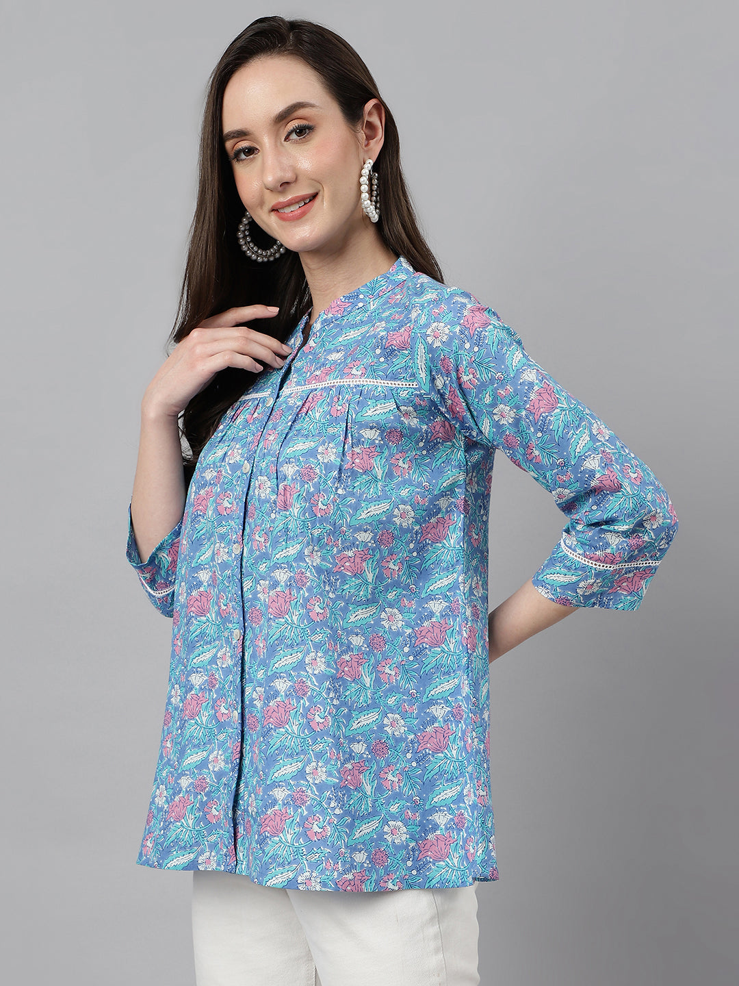Women's Botanical Print Blue Cotton Tops