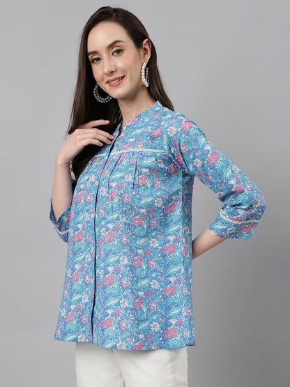 Women's Botanical Print Blue Cotton Tops