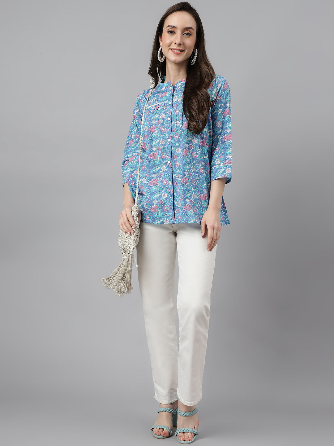 Women's Botanical Print Blue Cotton Tops