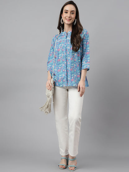 Women's Botanical Print Blue Cotton Tops