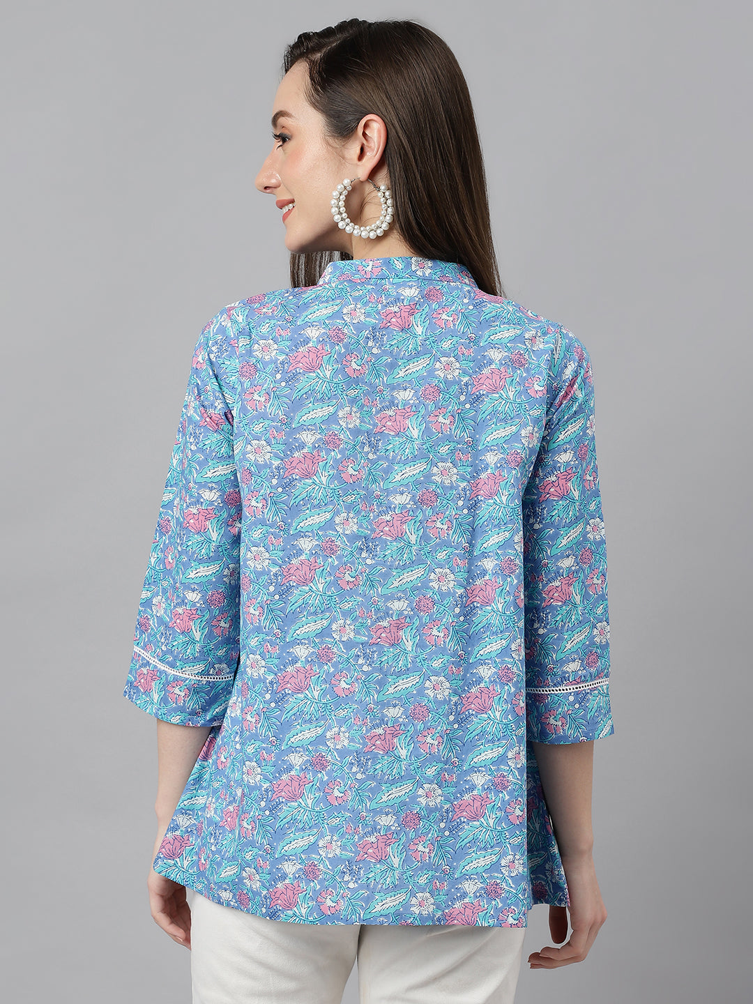 Women's Botanical Print Blue Cotton Tops