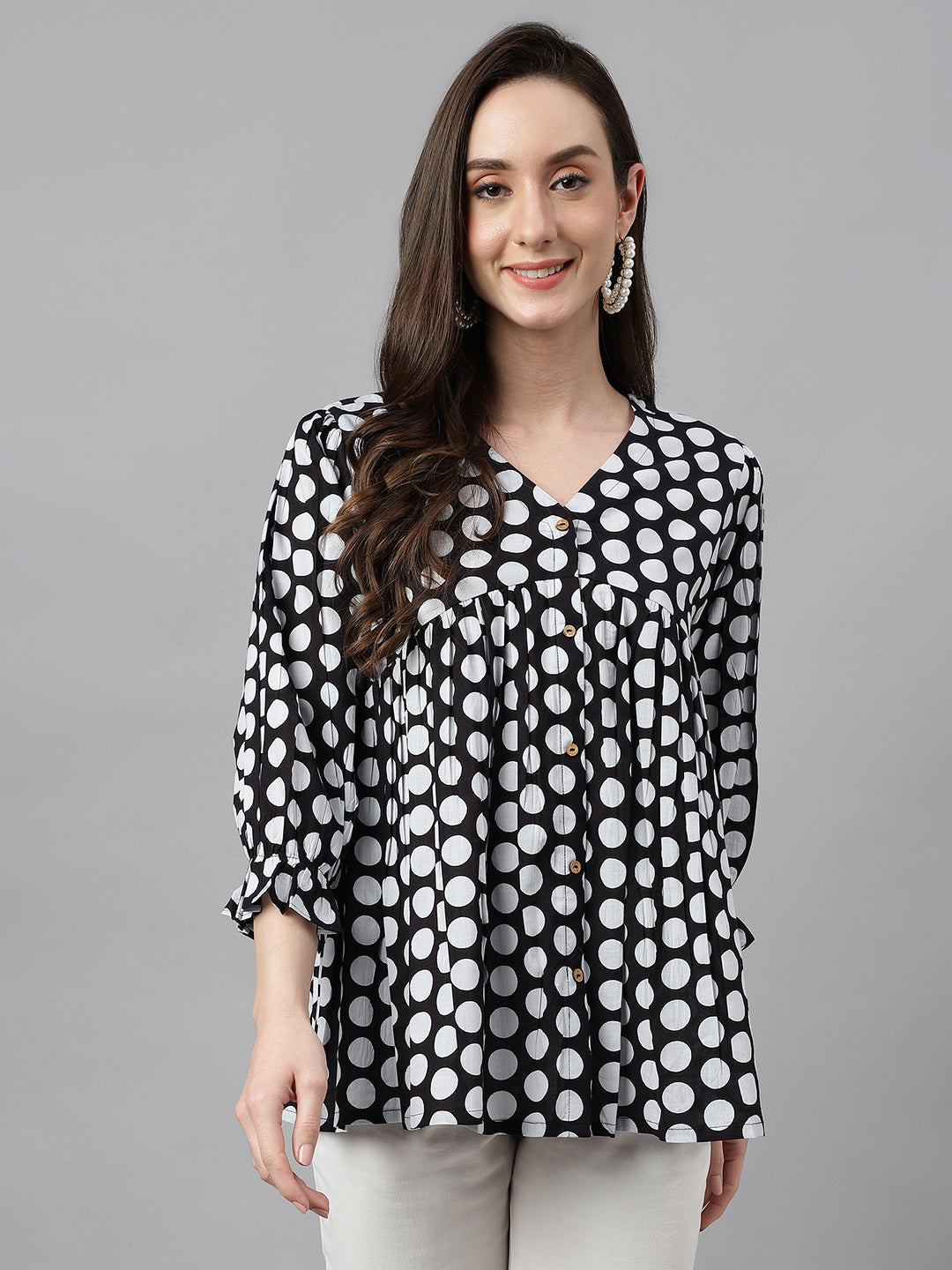 Women's Polka Print Black Cotton Tops