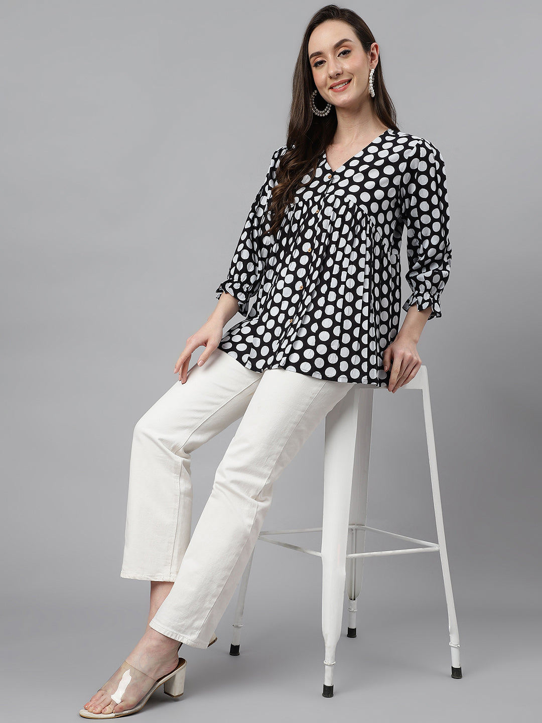 Women's Polka Print Black Cotton Tops