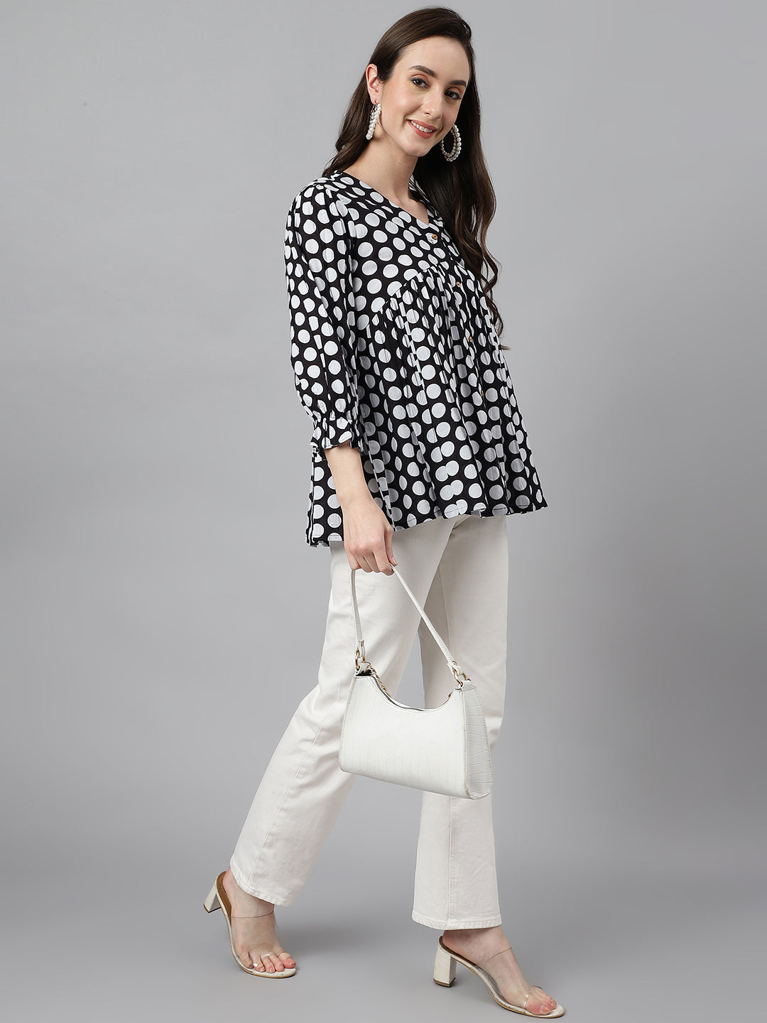 Women's Polka Print Black Cotton Tops