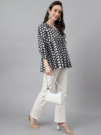 Women's Polka Print Black Cotton Tops