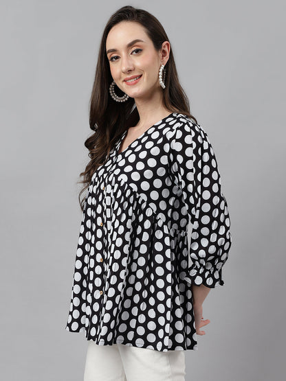 Women's Polka Print Black Cotton Tops
