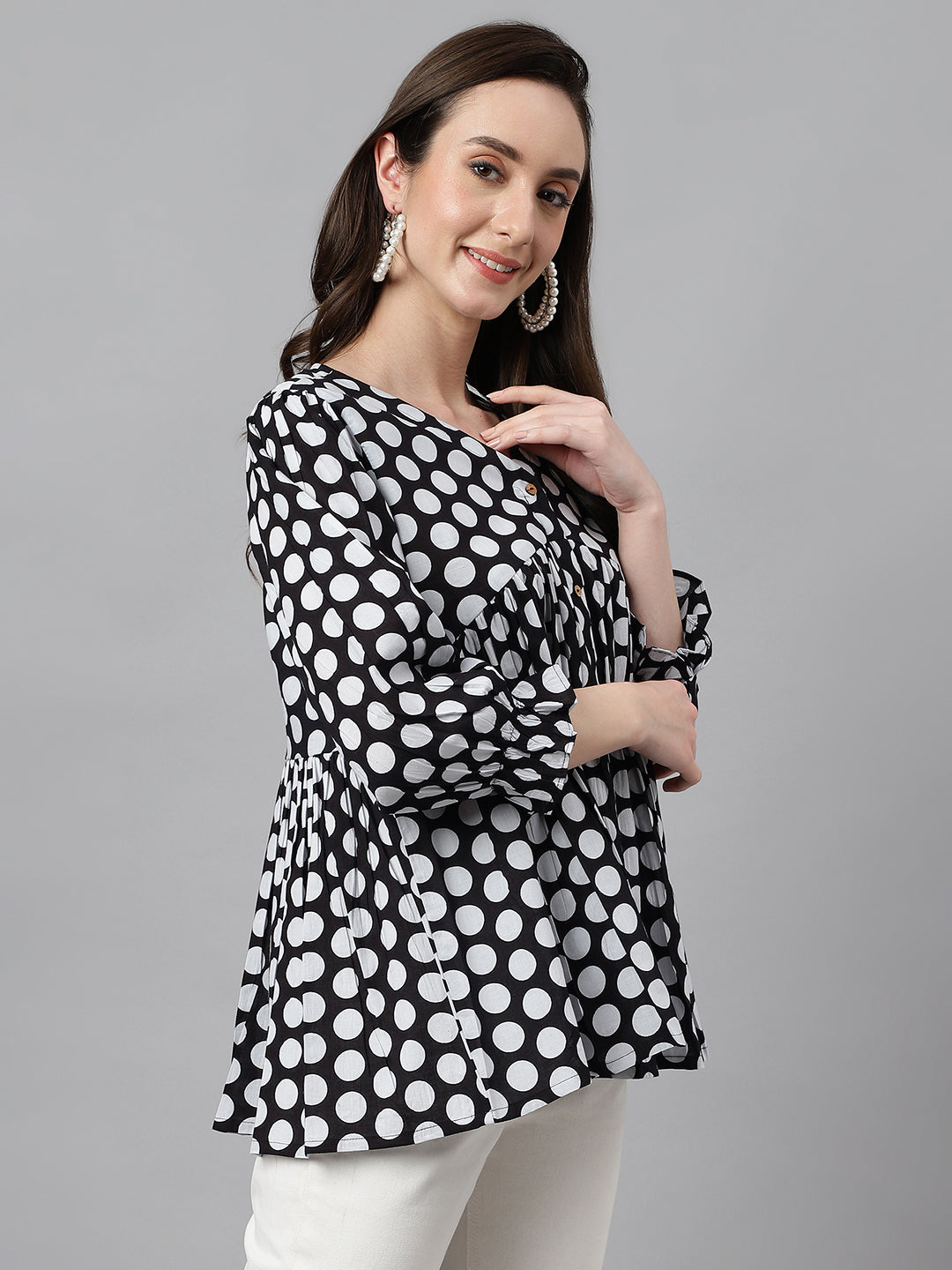Women's Polka Print Black Cotton Tops
