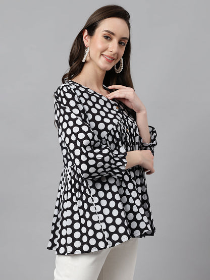 Women's Polka Print Black Cotton Tops